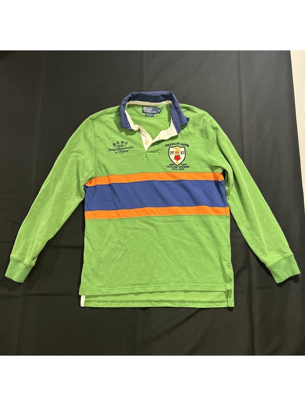 Vintage 90s Polo Ralph Lauren Rugby Jumper Size M Green Navy Orange Patched
